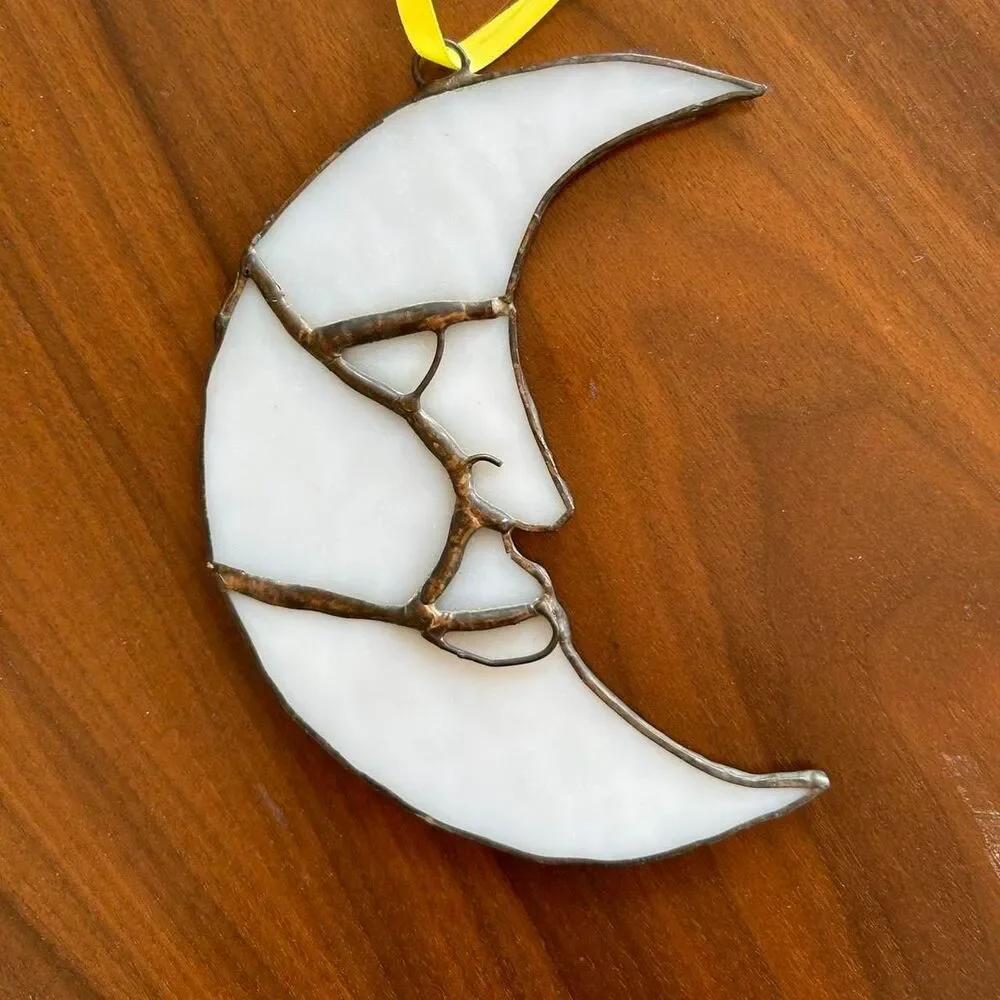 Vintage Crescent Moon Stained Glass Hanging Pendant - Handmade Local Art - Picture 2 of 2